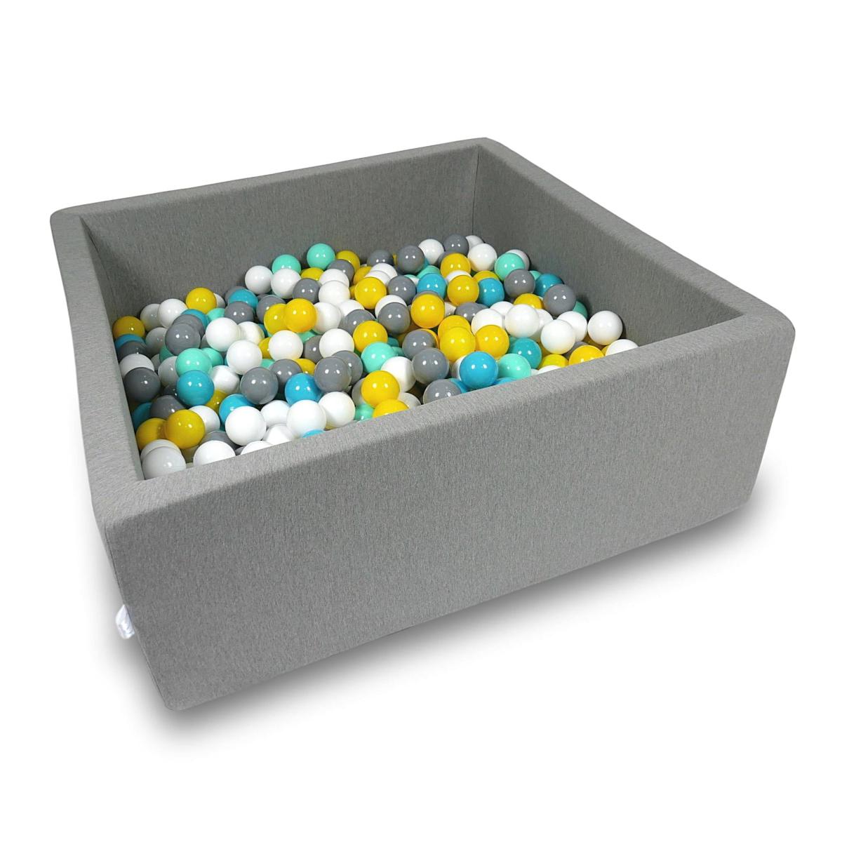 Ball Pit 110x110x40cm gray with balls 600pcs: white, gray, turquoise, yellow, mint