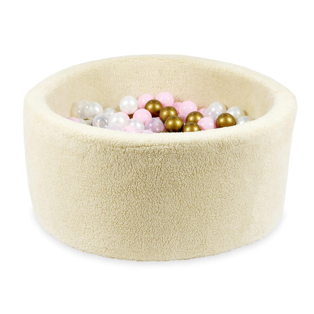 Suchy basen 90x40 Teddy beżowy z piłeczkami 300 szt: stare złoto, jasnoróżowe, przezroczyste, perłowe
