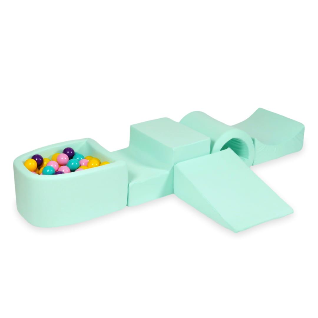 Piankowy plac zabaw z mostkiem i z basenem micro miętowy + 100 piłek: fioletowe, pudrowy róż, turkus, żółte