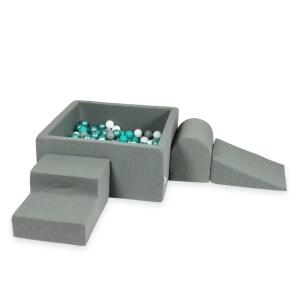 Piankowy plac zabaw z basenem kwadratowym 90x90x40 szary + 400 piłek: metaliczny turkus, turkus, szare, białe
