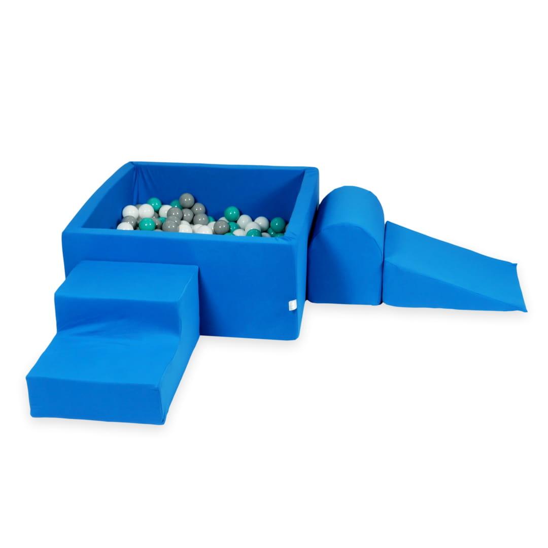 Piankowy plac zabaw z basenem kwadratowym 90x90x40 niebieski + 400 piłek: turkusowe, białe, szare