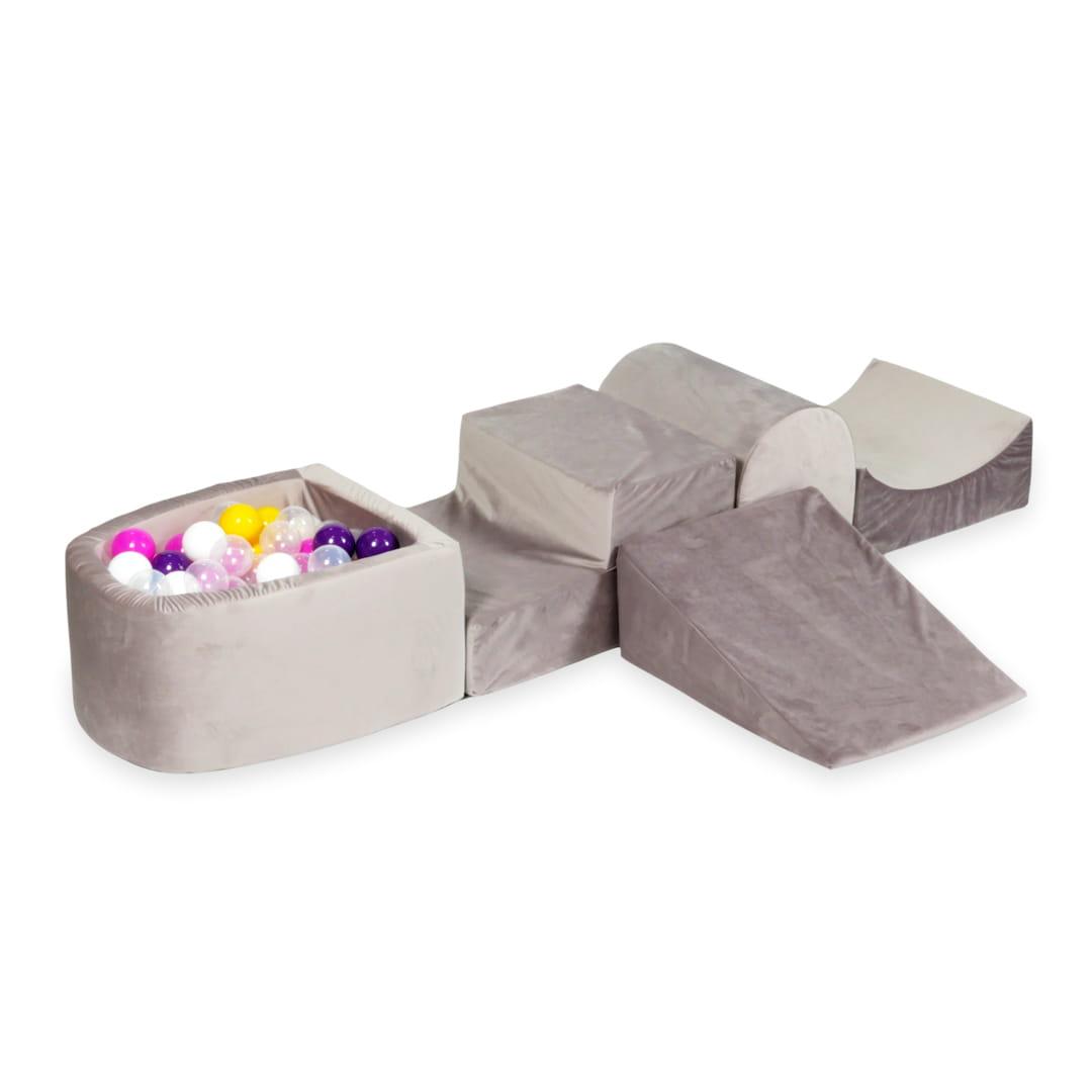 Piankowy plac zabaw z górką i z basenem micro Velvet lila + 100 piłek: fiolet, róż, żółte, białe, przezroczyste