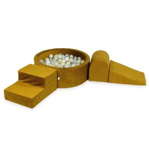 Piankowy plac zabaw z basenem okrągłym 90x30 Velvet złoty + 200 piłek: jasne złoto, perła, srebrne, przezroczyste