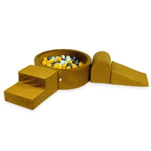 Piankowy plac zabaw z basenem okrągłym 90x30 Velvet złoty + 200 piłek: żółte, jasna mięta, metaliczny grafit, białe