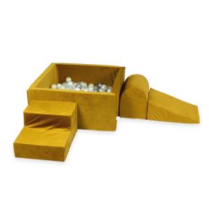 Piankowy plac zabaw z basenem kwadratowym 90x90x40 Velvet złoty + 400 piłek: jasne złoto, perła, srebrne, przezroczyste