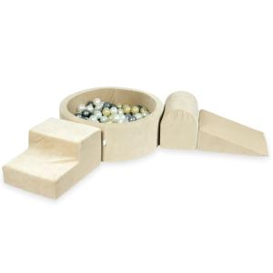 Piankowy plac zabaw z basenem okrągłym 90x30 Velvet soft beżowy + 200 piłek: jasne złoto, srebrne, perła, przezroczyste