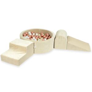 Piankowy plac zabaw z basenem okrągłym 90x30 Velvet soft beżowy + 200 piłek: różowe złoto, jasne złoto, perła