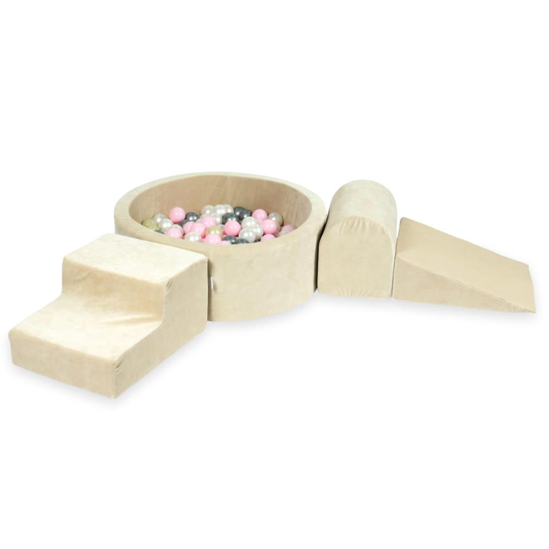 Piankowy plac zabaw z basenem okrągłym 90x30 Velvet soft beżowy + 200 piłek: jasny róż, jasny złoty, perła, srebrne