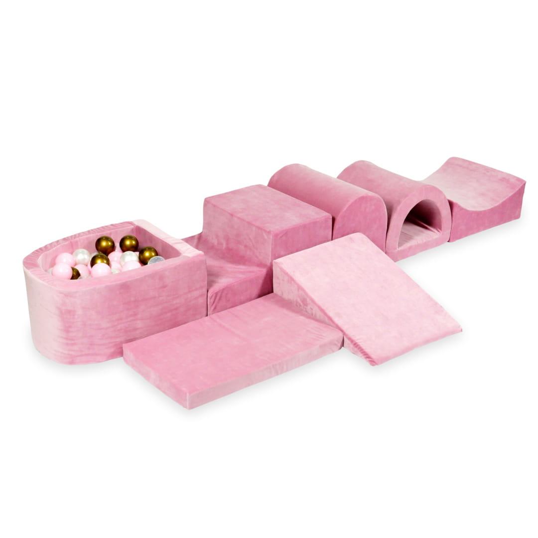Największy piankowy plac zabaw z basenem micro Velvet soft różowy + 100 piłek: stare złoto, jasny róż, perła, przezroczyste