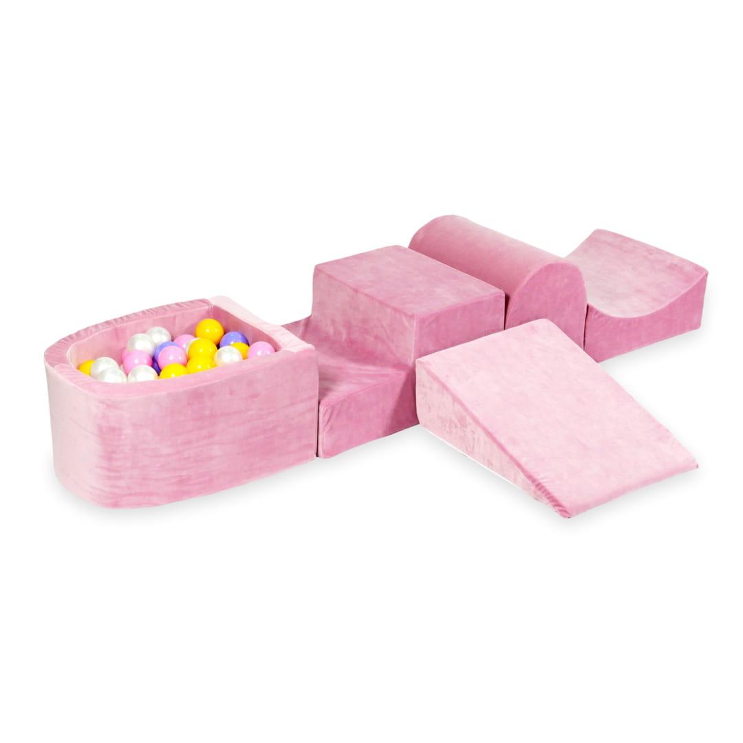 Piankowy plac zabaw z górką i z basenem micro Velvet soft różowy + 100 piłek: wrzos, żółte, pudrowy róż, perła