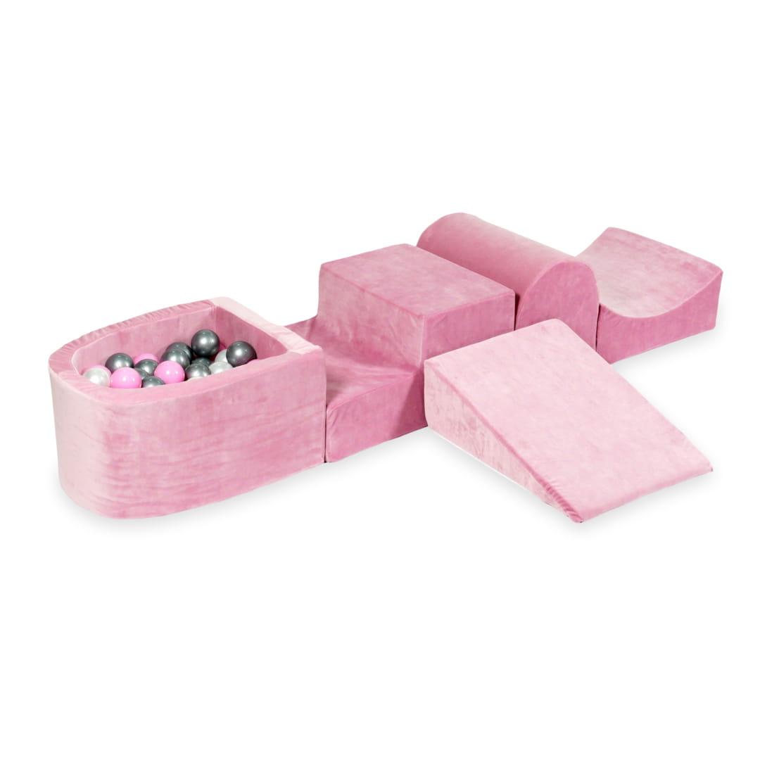 Piankowy plac zabaw z górką i z basenem micro Velvet soft różowy + 100 piłek: perła, srebrne, pudrowy róż
