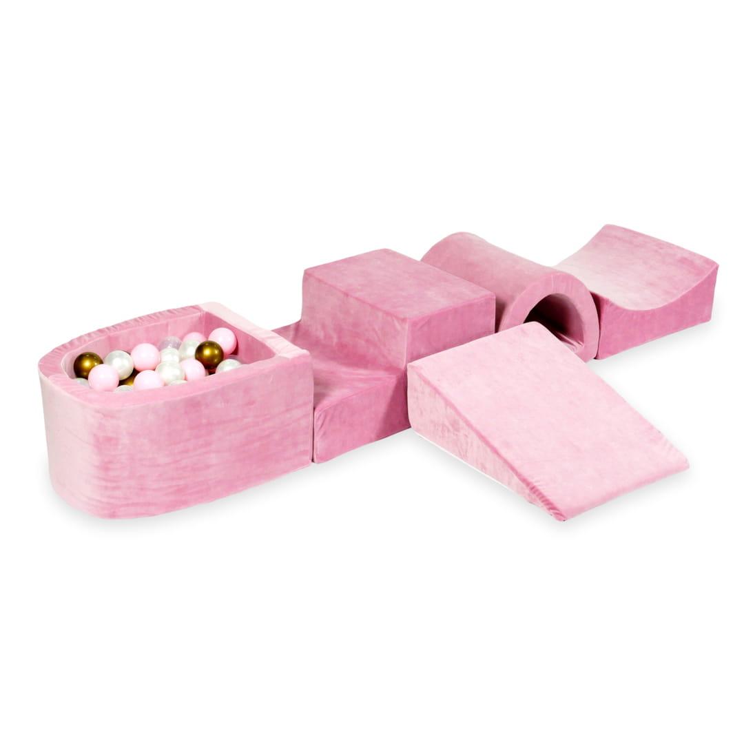 Piankowy plac zabaw z mostkiem i z basenem micro Velvet soft różowy + 100 piłek: stare złoto, jasny róż, perła, przezroczyste
