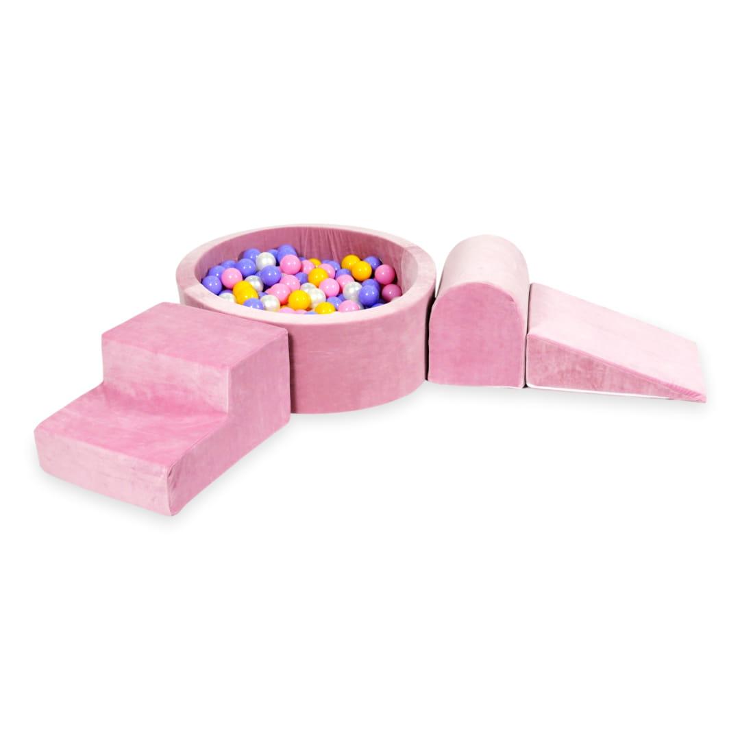 Piankowy plac zabaw z basenem okrągłym 90x30 Velvet soft różowy + 200 piłek: wrzos, żółte, pudrowy róż, perła