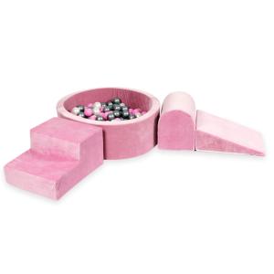 Piankowy plac zabaw z basenem okrągłym 90x30 Velvet soft różowy + 200 piłek: perła, srebrne, pudrowy róż