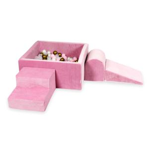 Piankowy plac zabaw z basenem kwadratowym 90x90x40 Velvet soft różowy + 400 piłek: stare złoto, jasny róż, perła, przezroczyste