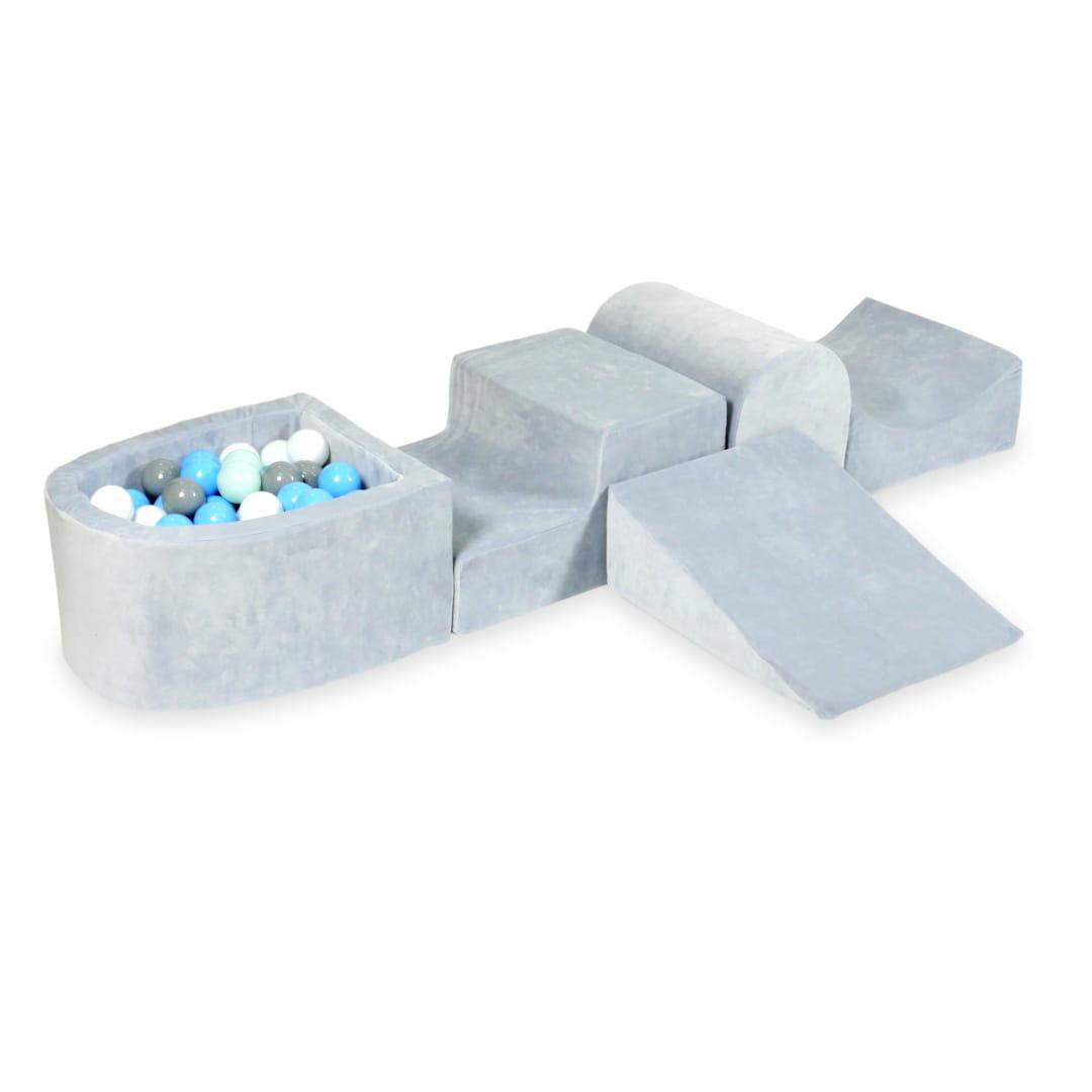 Piankowy plac zabaw z górką i z basenem micro Velvet soft jasnoszary + 100 piłek: szare, białe, jasny błękit, jasna mięta