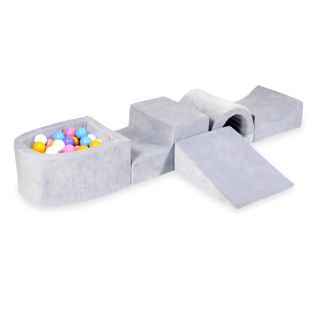 Piankowy plac zabaw z mostkiem i z basenem micro Velvet soft jasnoszary + 100 piłek: jasny błękit, żółte, wrzos, pudrowy róż, białe