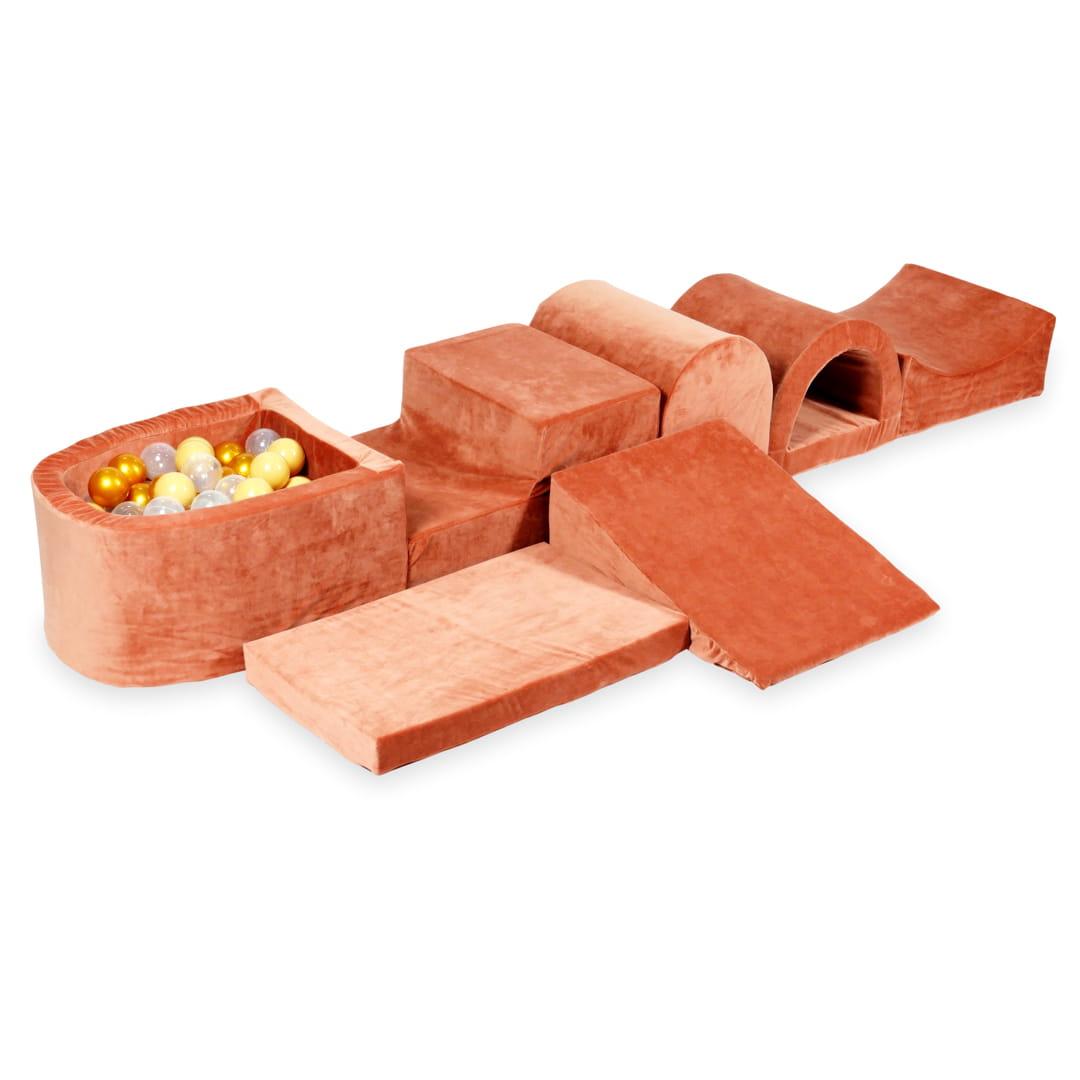 Największy piankowy plac zabaw z basenem micro Velvet soft canyon clay + 100 piłek: beżowe, złote, przezroczyste