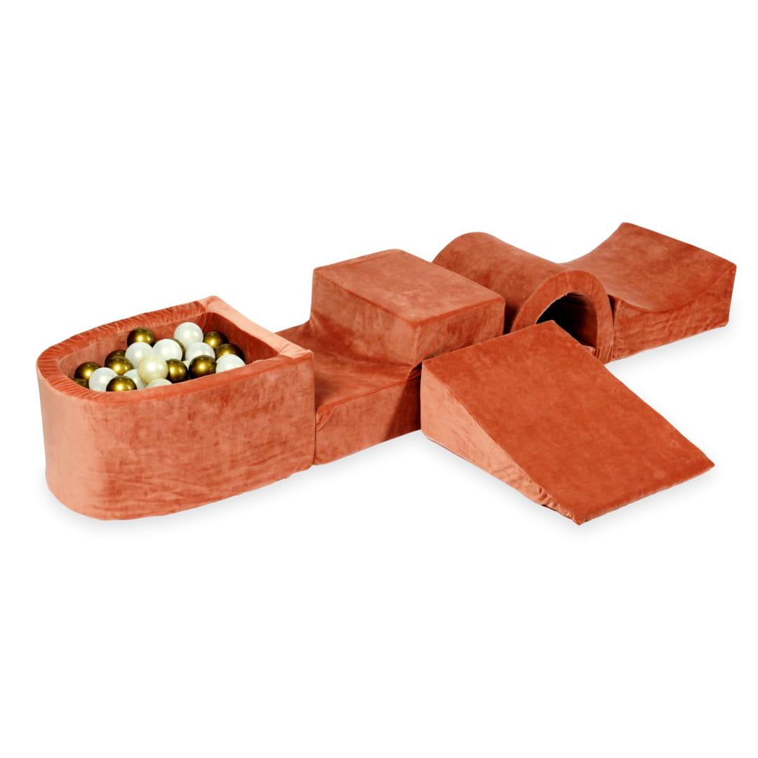 Piankowy plac zabaw z mostkiem i z basenem micro Velvet soft canyon clay + 100 piłek: stare złoto, opalizujące, jasne złoto