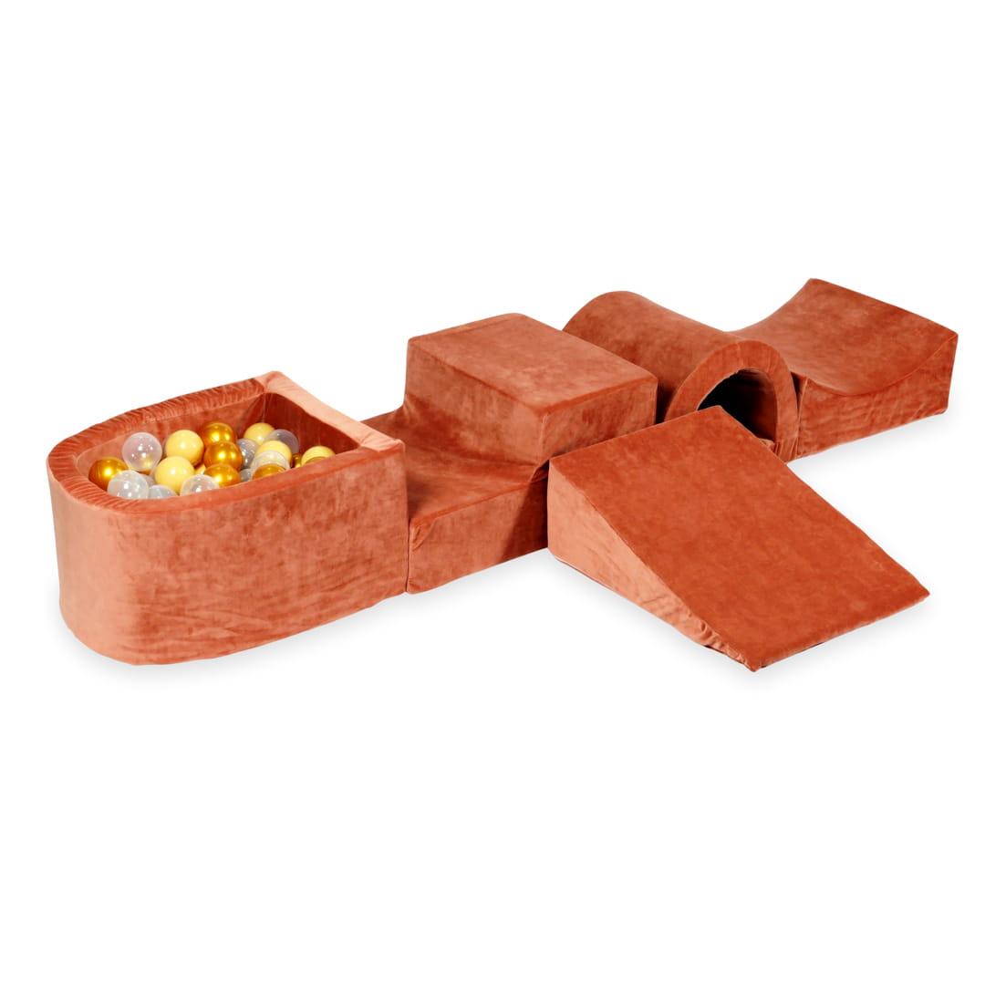 Piankowy plac zabaw z mostkiem i z basenem micro Velvet soft canyon clay + 100 piłek: beżowe, złote, przezroczyste