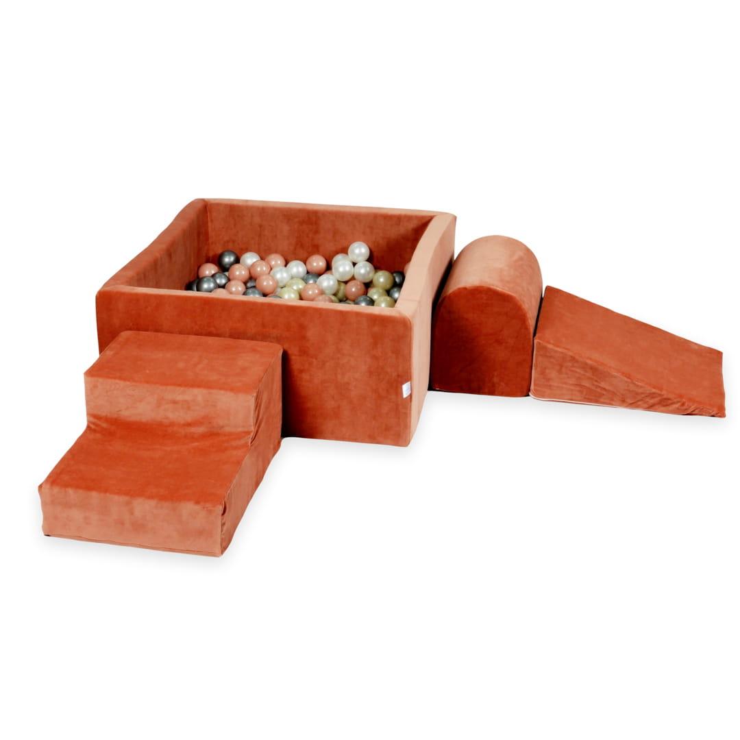 Piankowy plac zabaw z basenem kwadratowym 90x90x40 Velvet soft canyon clay + 400 piłek: jasne złoto, różowe złoto, srebrne, perła