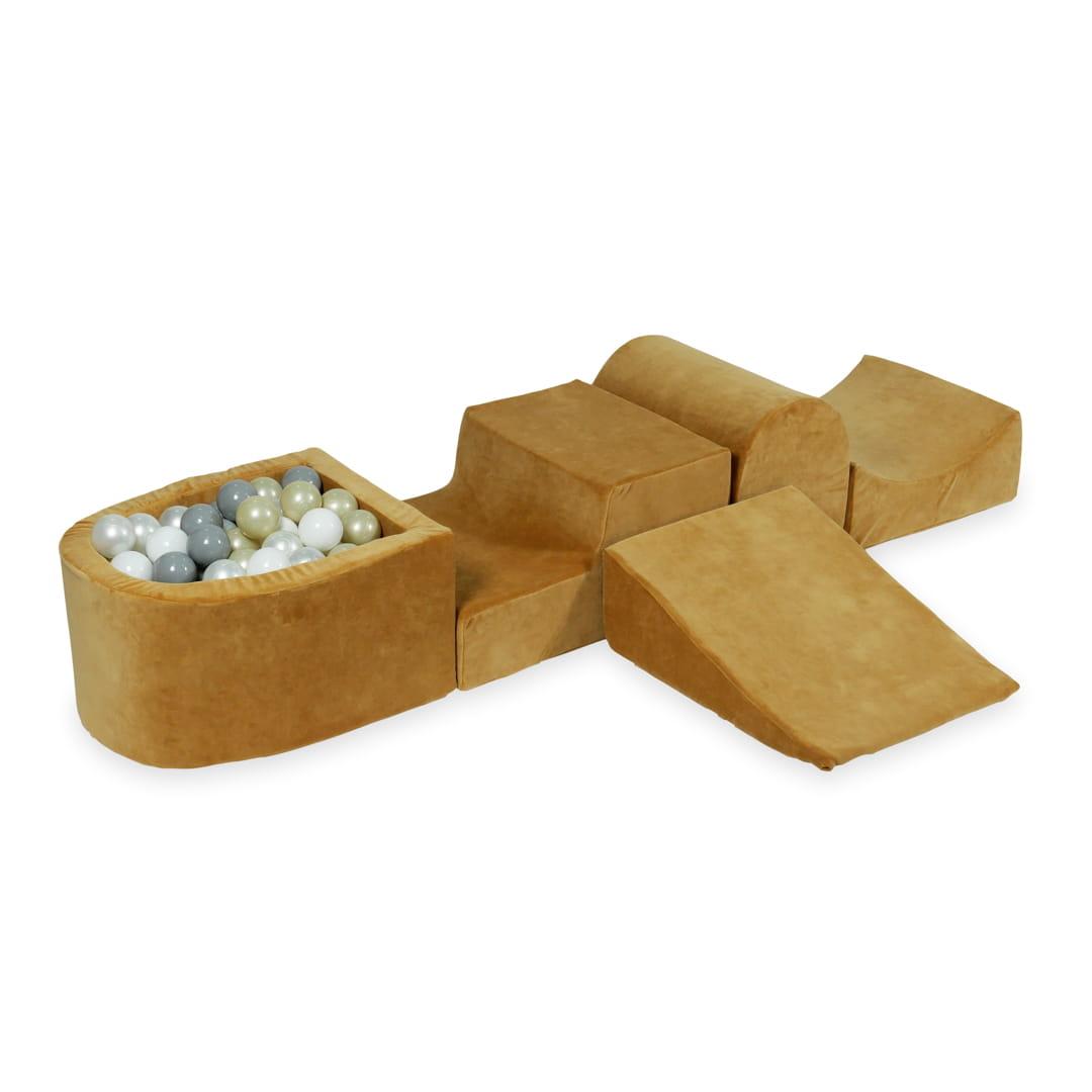 Piankowy plac zabaw z górką i z basenem micro Velvet soft carmel + 100 piłek: przezroczyste, białe, perła, szare, jasne złoto