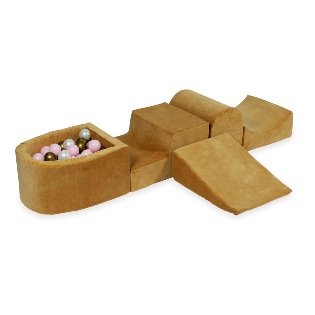 Piankowy plac zabaw z górką i z basenem micro Velvet soft carmel + 100 piłek: stare złoto, jasny róż, perła