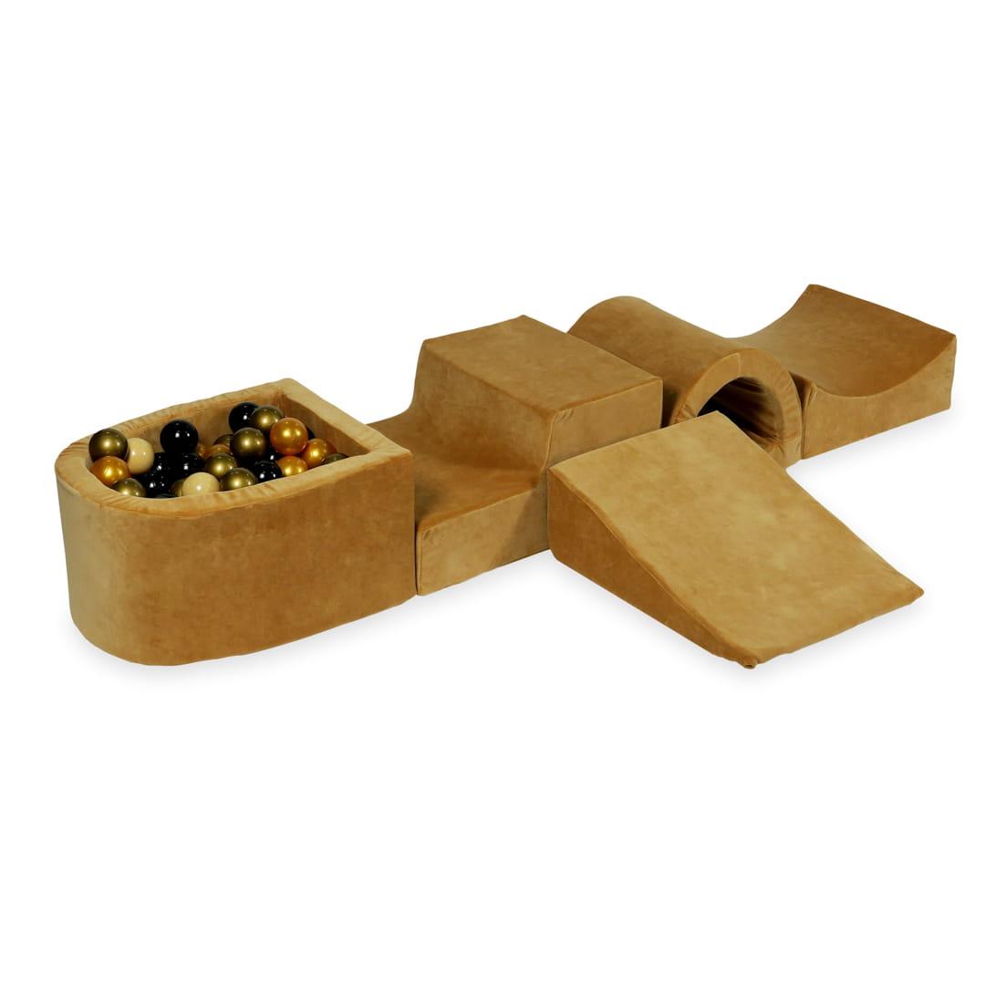 Piankowy plac zabaw z mostkiem i z basenem micro Velvet soft carmel + 100 piłek: beż, stare złoto, złoto, czarne