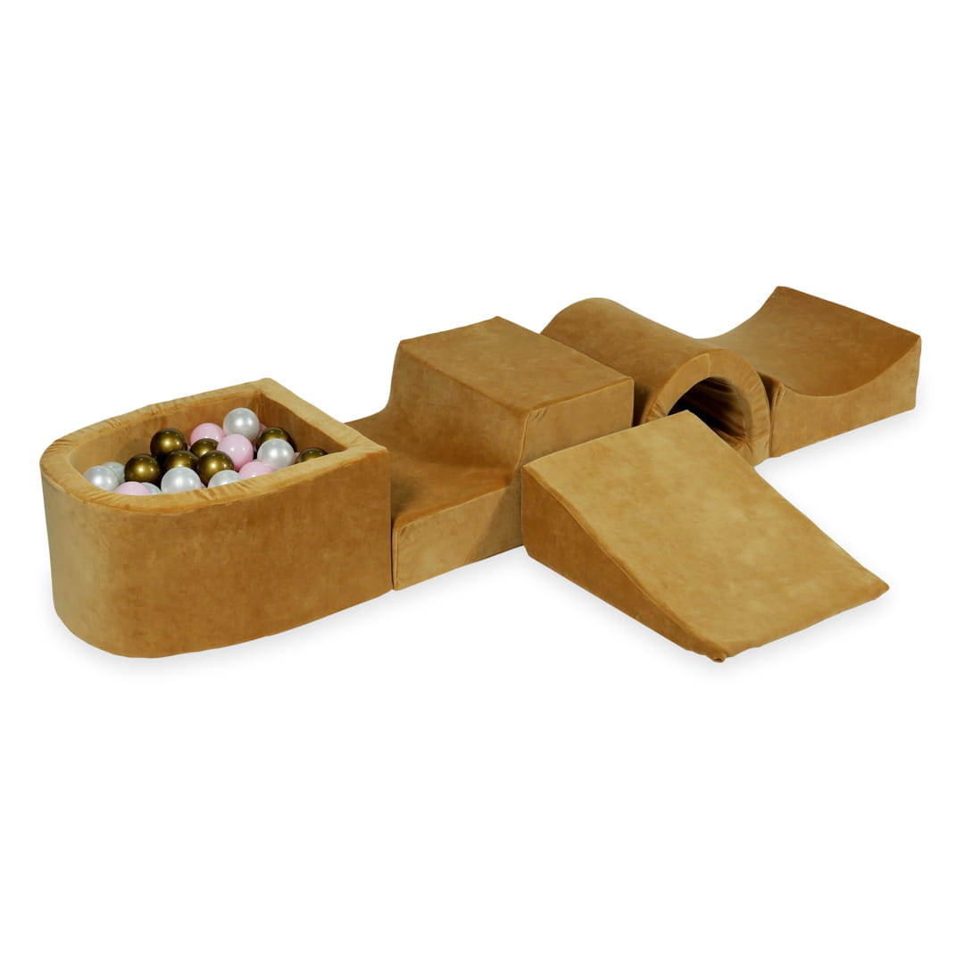 Piankowy plac zabaw z mostkiem i z basenem micro Velvet soft carmel + 100 piłek: stare złoto, jasny róż, perła