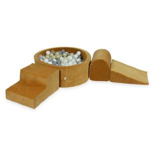 Piankowy plac zabaw z basenem okrągłym 90x30 Velvet soft carmel + 200 piłek: przezroczyste, białe, perła, szare, jasne złoto