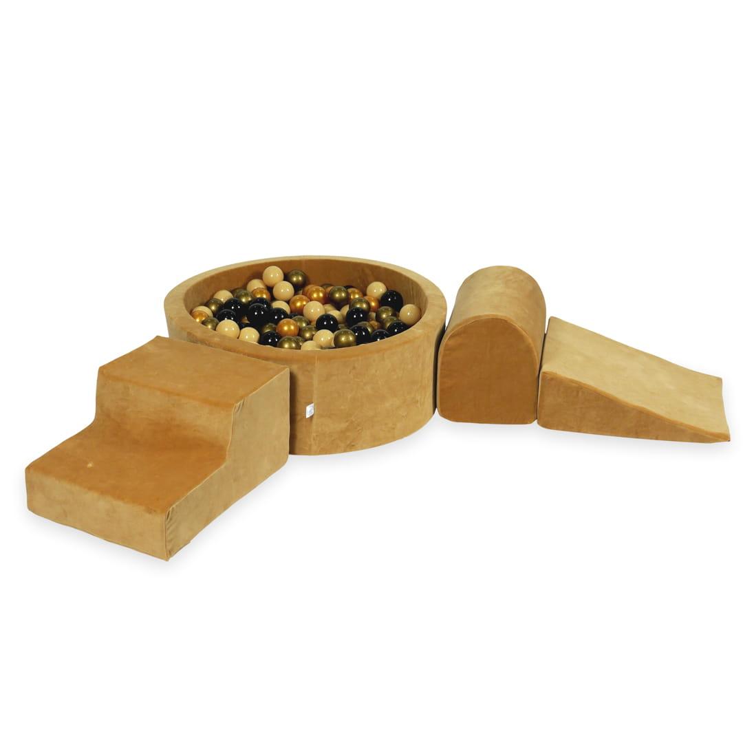 Piankowy plac zabaw z basenem okrągłym 90x30 Velvet soft carmel + 200 piłek: beż, stare złoto, złoto, czarne