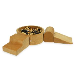 Piankowy plac zabaw z basenem okrągłym 90x30 Velvet soft carmel + 200 piłek: beż, stare złoto, złoto, czarne