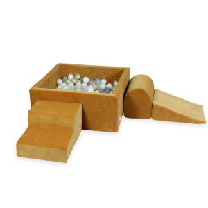 Piankowy plac zabaw z basenem kwadratowym 90x90x40 Velvet soft carmel + 400 piłek: przezroczyste, białe, perła, szare, jasne złoto