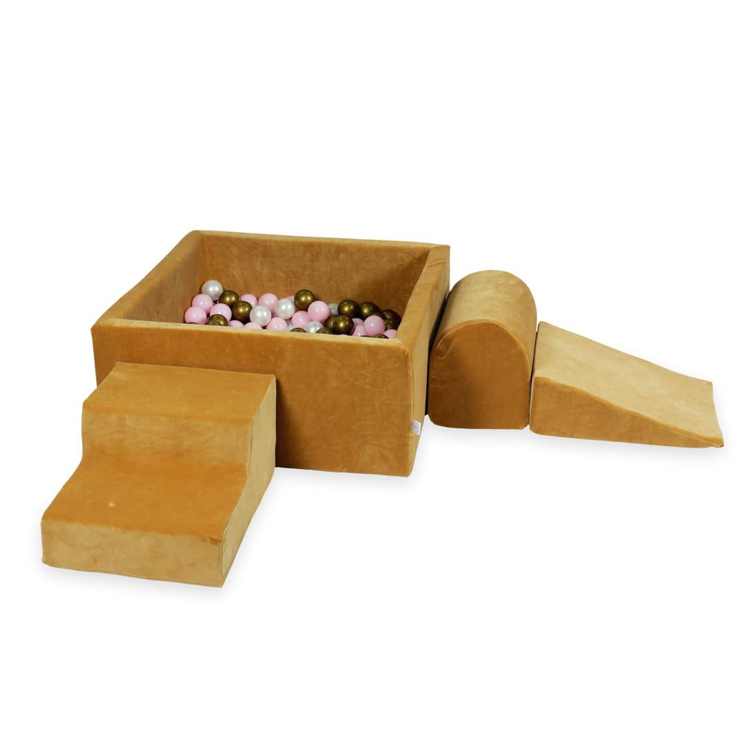 Piankowy plac zabaw z basenem kwadratowym 90x90x40 Velvet soft carmel + 400 piłek: beż, stare złoto, złoto, czarne