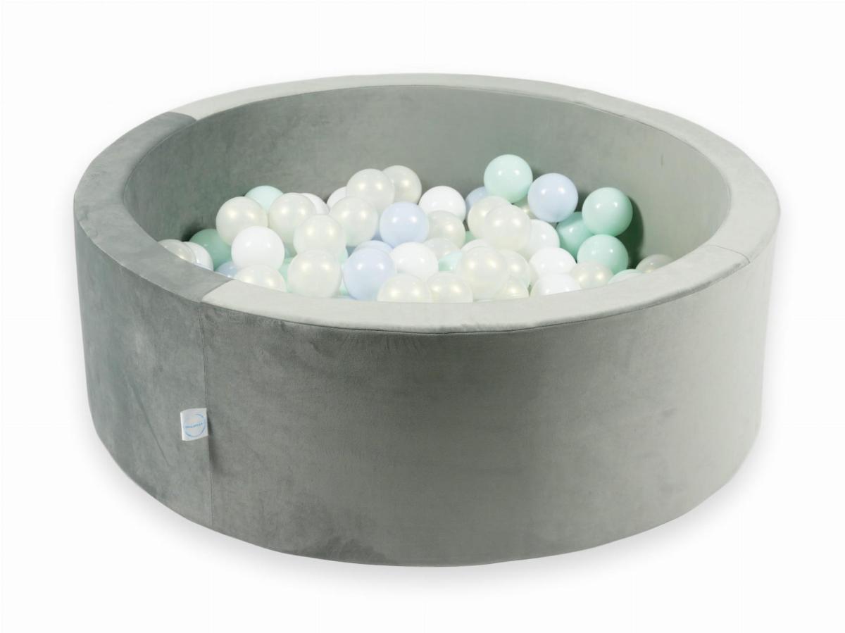 Ball Pit with balls 200pcs 90x30 velvet gray: baby blue pearl, light mint, mermaid effect, white