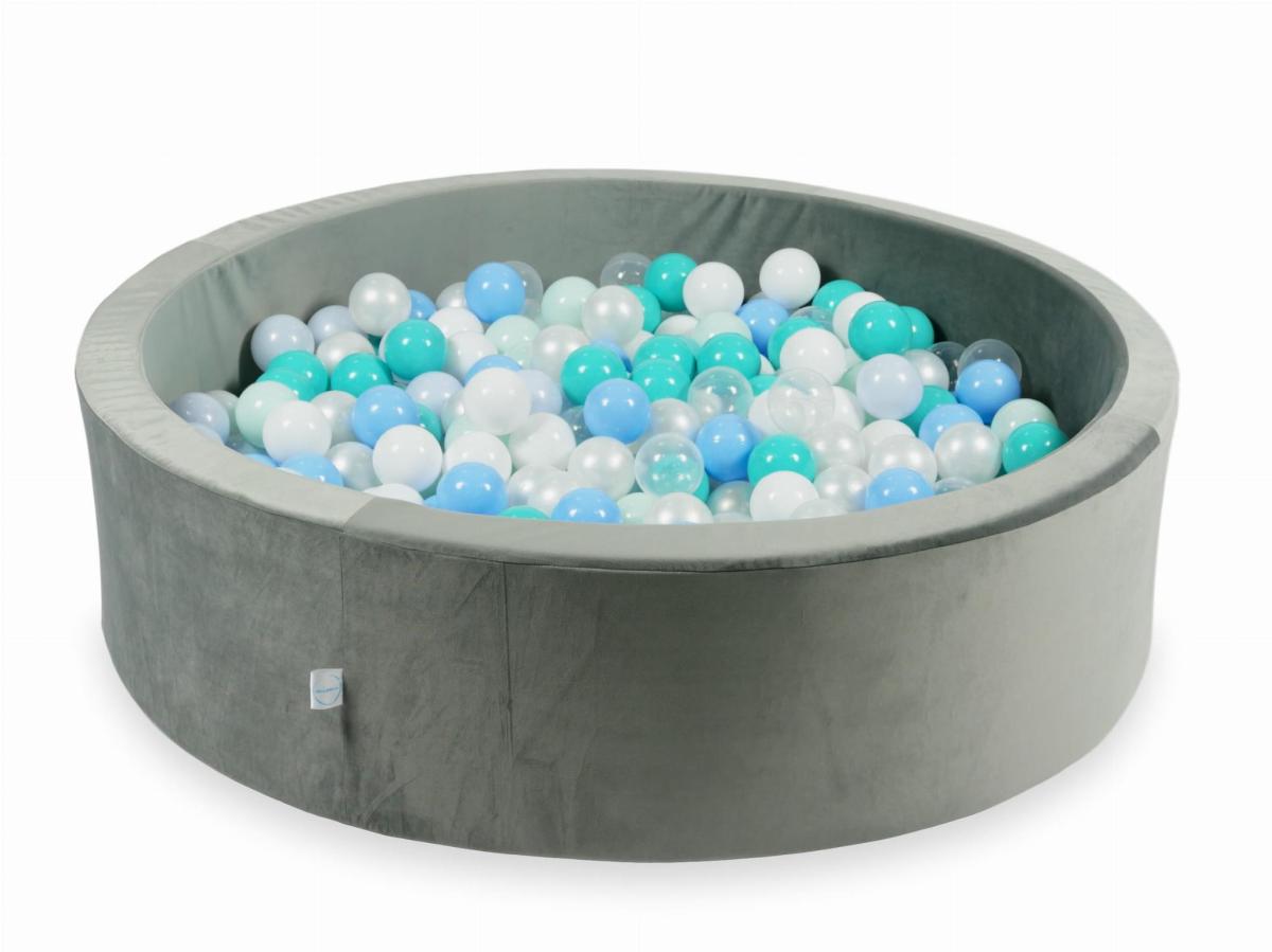Suchy basen z piłeczkami 400 sztuk 110x30 Velvet szary: jasnomiętowe, turkusowe, jasnobłękitne, błękitne jasne perłowe, perłowe, białe, przezroczyste