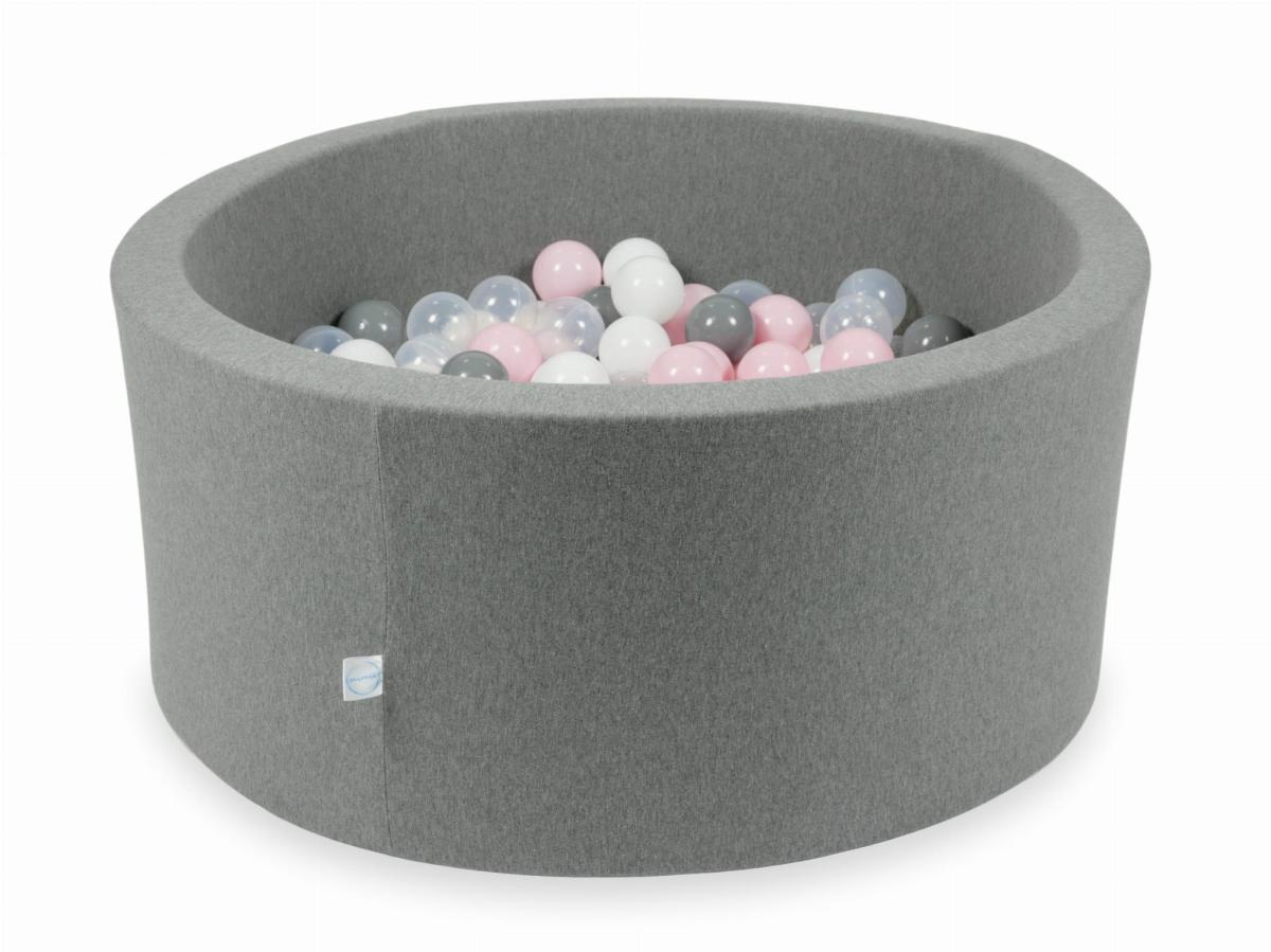 Suchy basen szary 90x40 z piłeczkami 300 sztuk: przezroczyste, białe, szare, jasnoróżowe