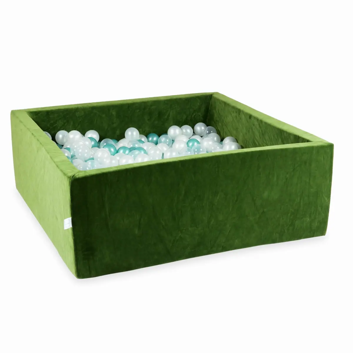 Ball Pit 110x110x40 Velvet Soft Olive with balls 600 pcs: transparent, pearl, metallic turquoise