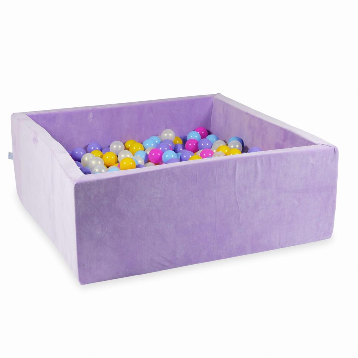 Ball Pit 110x110x40 Velvet Soft Purple with balls 600 pcs: pink, heather, yellow, baby blue, mermaid effect