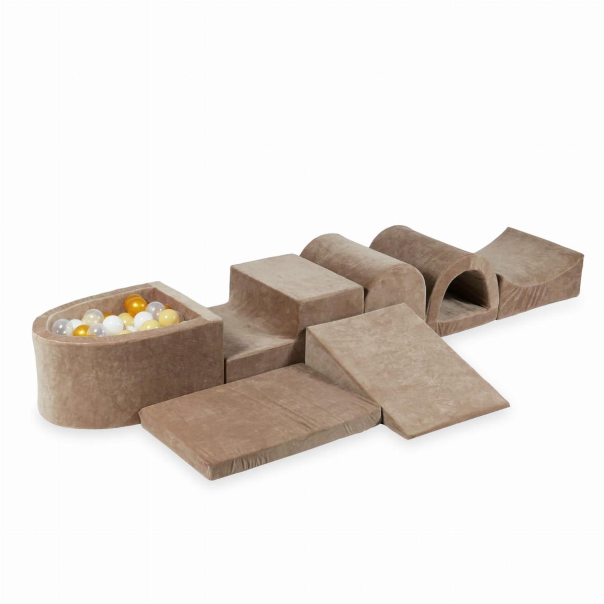 Największy piankowy plac zabaw z basenem micro Velvet Soft Ciemny Beżowy + 100 piłek: przezroczyste, białe, beżowe, złote