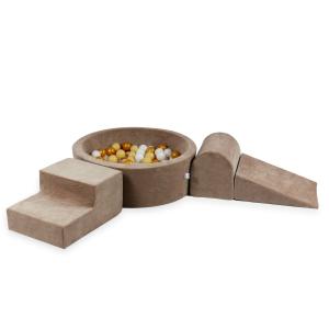 Piankowy plac zabaw z basenem okrągłym 90x30 Velvet Soft Ciemny Beżowy + 200 piłek: przezroczyste, białe, beżowe, złote
