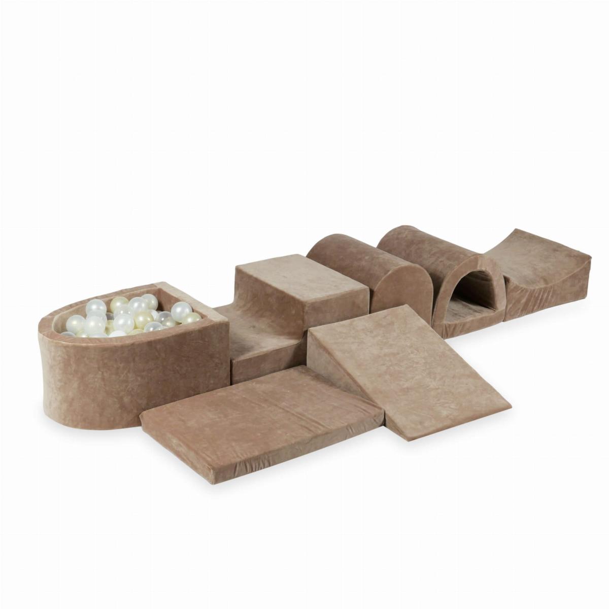 Największy piankowy plac zabaw z basenem micro Velvet Soft Ciemny Beżowy + 100 piłek: przezroczyste, białe, perłowe, jasnozłote, opalizujące