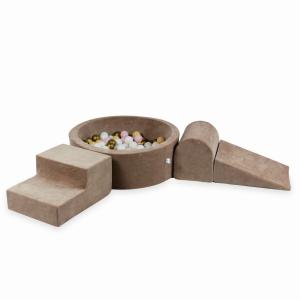 Piankowy plac zabaw z basenem okrągłym 90x30 Velvet Soft Ciemny Beżowy + 200 piłek: białe, jasnoróżowe, beżowe, stare złoto