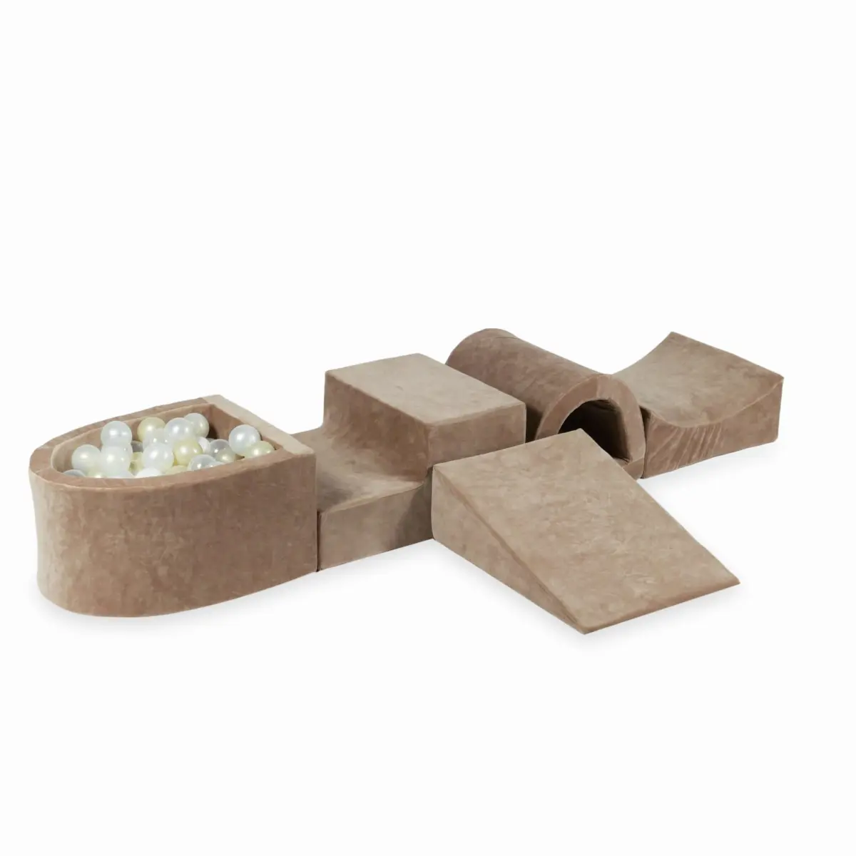 Piankowy plac zabaw z mostkiem i z basenem micro Velvet Soft Ciemny Beżowy + 100 piłek: przezroczyste, białe, perłowe, jasnozłote, opalizujące