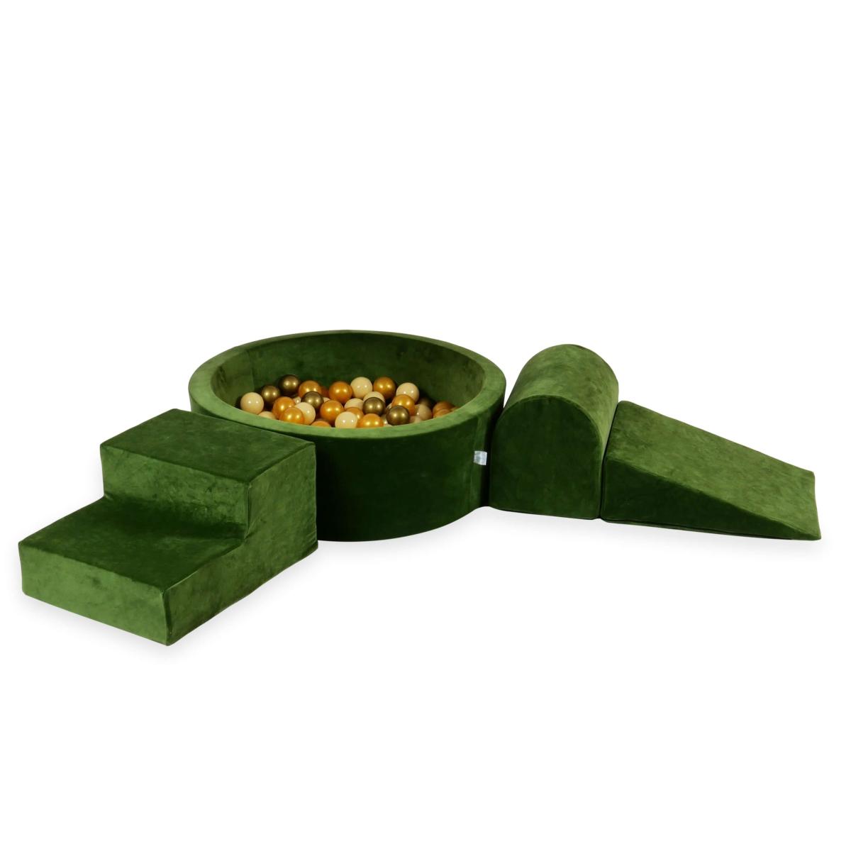 Piankowy plac zabaw z basenem okrągłym 90x30 Velvet Soft Oliwkowy + 200 piłek: beżowe, złote, stare złoto