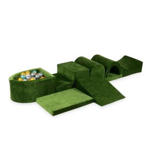 Największy piankowy plac zabaw z basenem micro Velvet Soft Oliwkowy + 100 piłek: perłowe, srebrne, złote, metaliczny turkus
