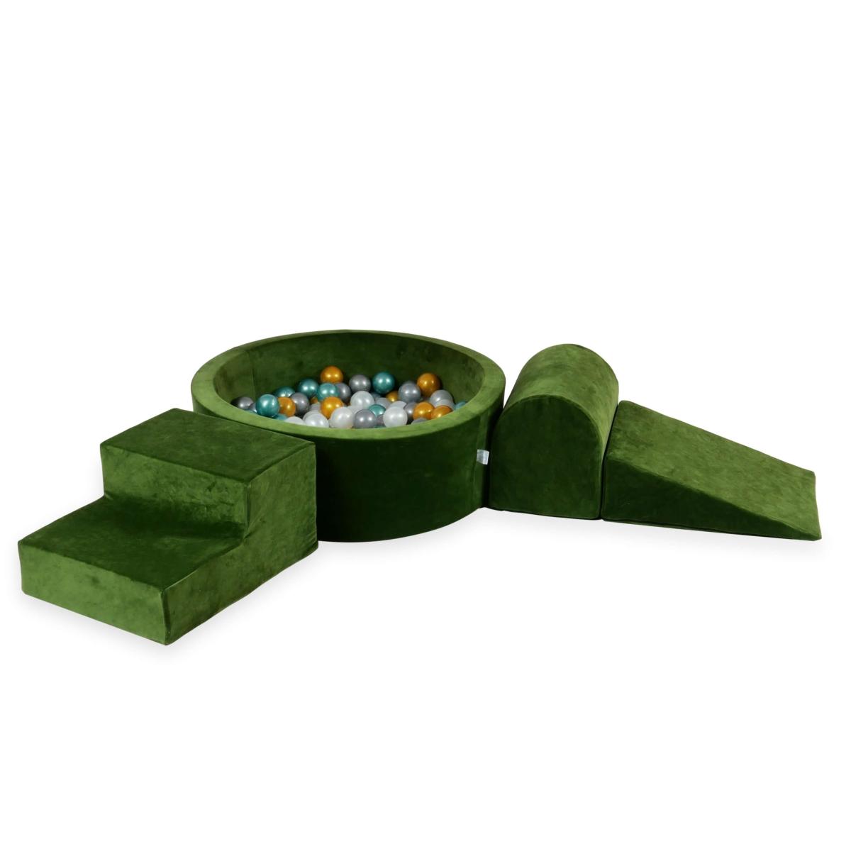Piankowy plac zabaw z basenem okrągłym 90x30 Velvet Soft Oliwkowy + 200 piłek: perłowe, srebrne, złote, metaliczny turkus