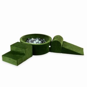 Piankowy plac zabaw z basenem okrągłym 90x30 Velvet Soft Oliwkowy + 200 piłek: przezroczyste, miętowe, metaliczny grafit, opalizujące
