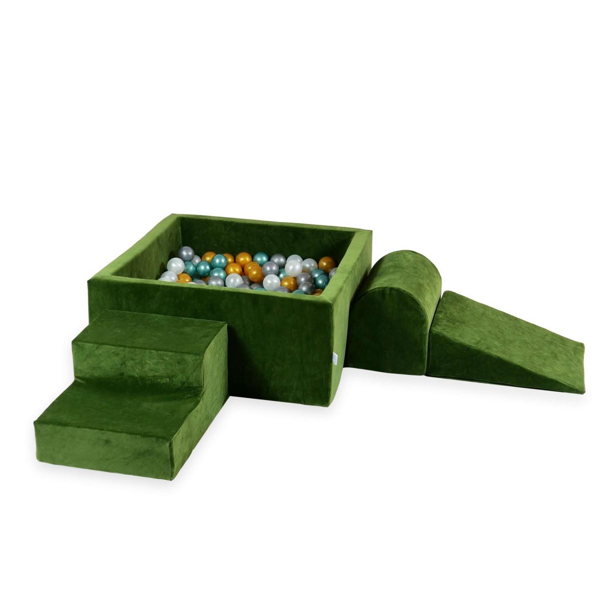 Piankowy plac zabaw z basenem kwadratowym 90x90x40 Velvet Soft Oliwkowy + 400 piłek: perłowe, srebrne, złote, metaliczny turkus
