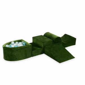 Piankowy plac zabaw z górką i z basenem micro Velvet Soft Oliwkowy + 100 piłek: przezroczyste, perłowe, metaliczny turkus